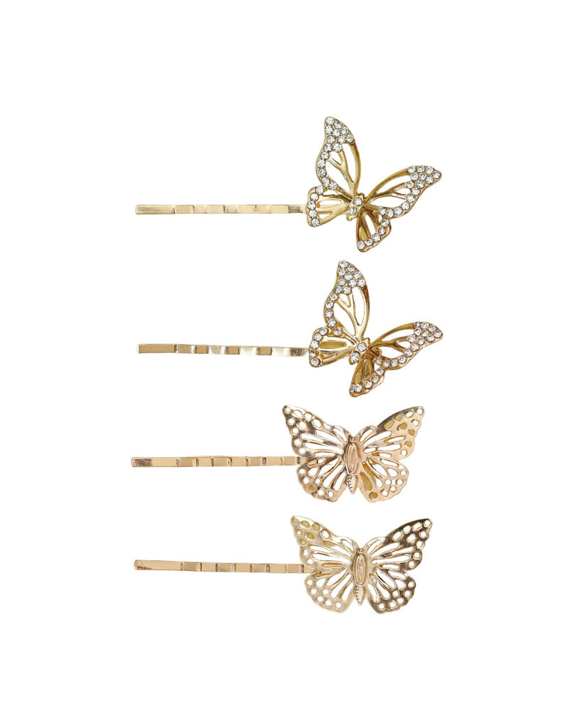 Group of Yellow Bee golden butterfly hair clips with intricate stone detailing.