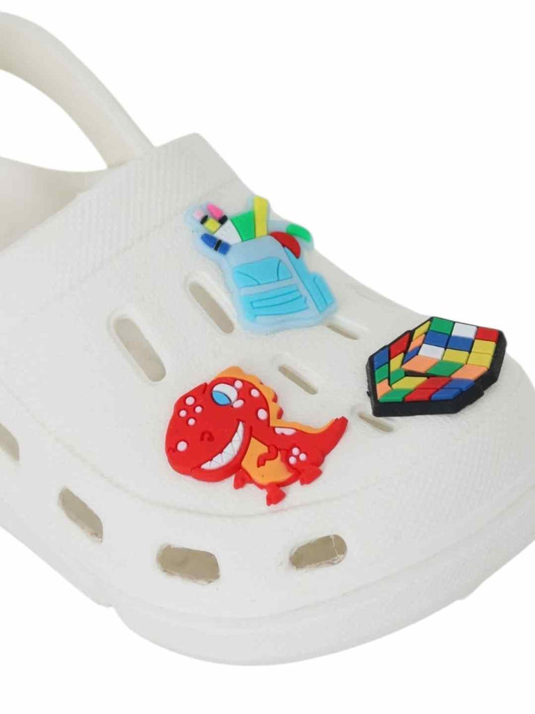 Stylish White Clogs with Backpack, Dino & Cube Charms for Boys-Close up view