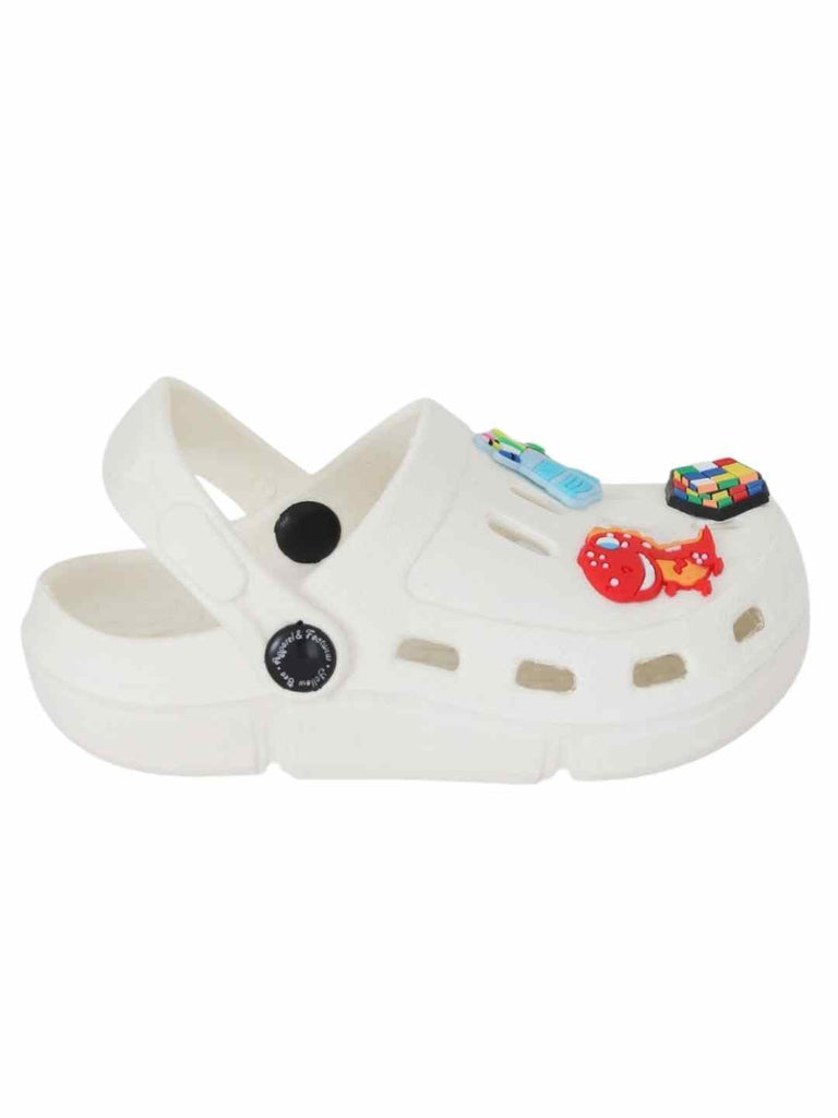 Stylish White Clogs with Backpack, Dino & Cube Charms for Boys-Side View