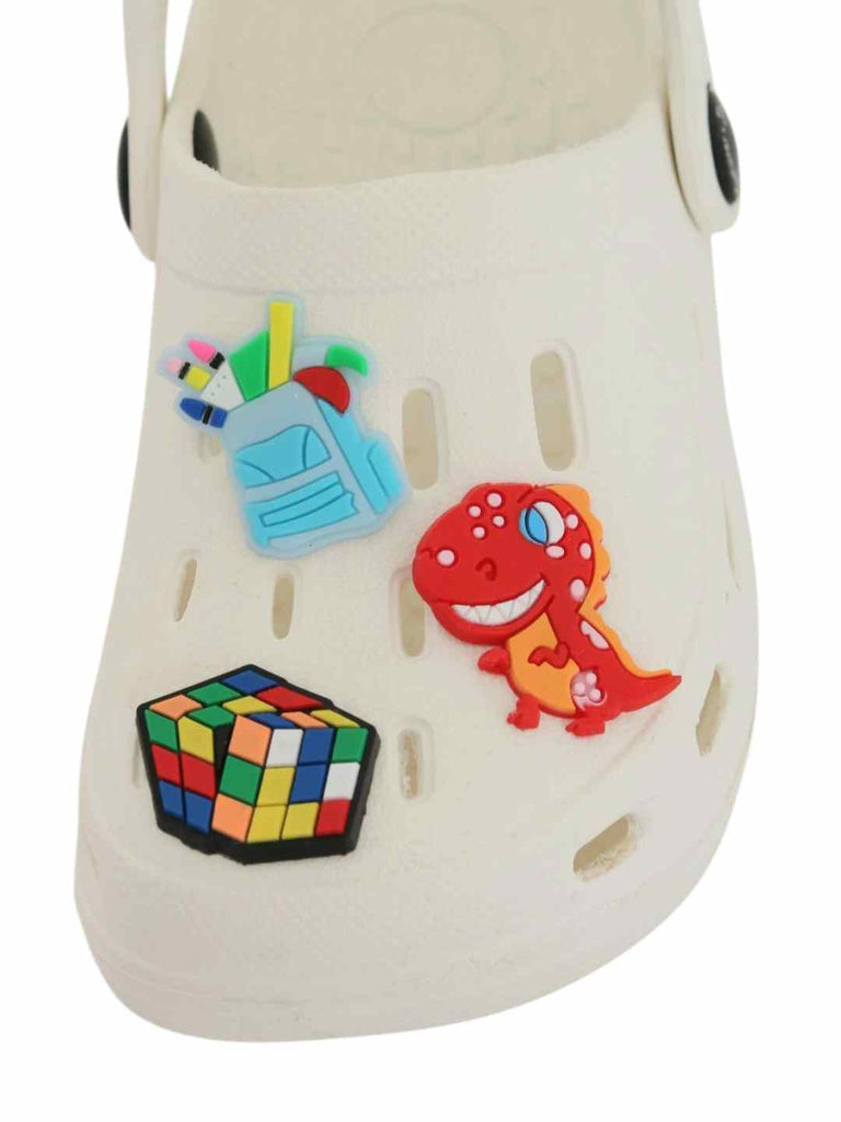 Stylish White Clogs with Backpack, Dino & Cube Charms for Boys-Front View