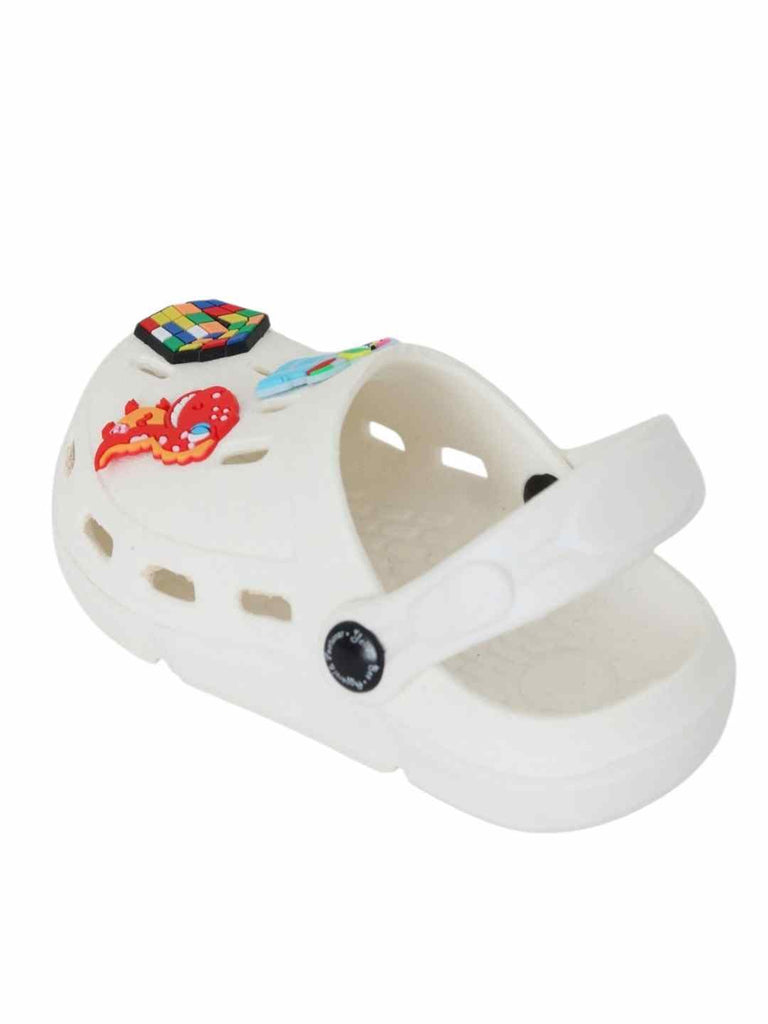 Stylish White Clogs with Backpack, Dino & Cube Charms for Boys-Back View