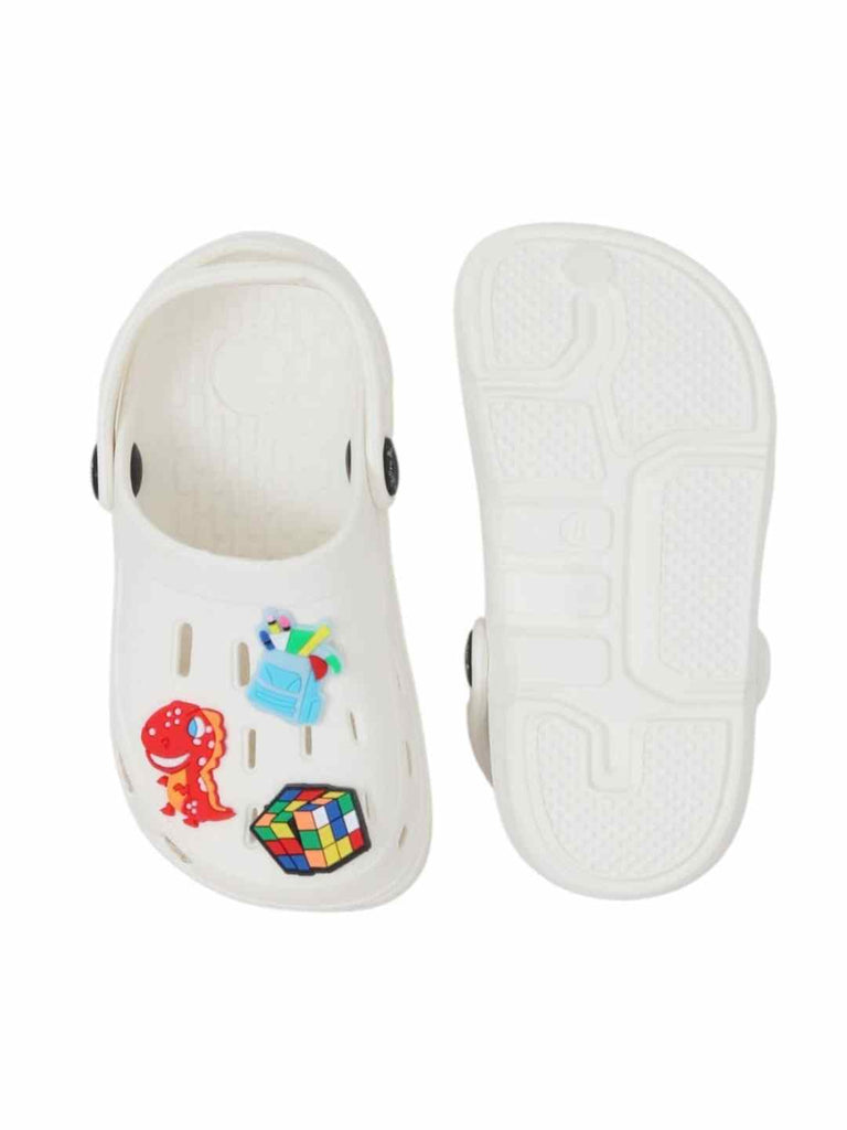 Stylish White Clogs with Backpack, Dino & Cube Charms for Boys-Front & Back View