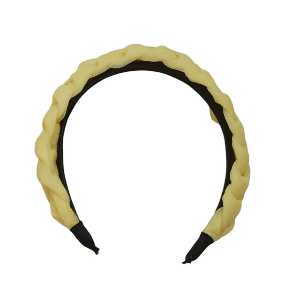 Close-up of Yellow Bee's yellow braided hairband showcasing the intricate braid detail.
