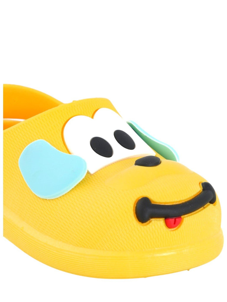 Close-up of the front view of Yellow Bee's yellow clogs with puppy features.