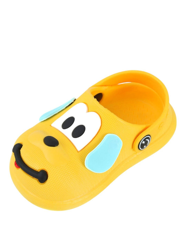 Cheerful yellow boy's clogs with puppy face, side view.