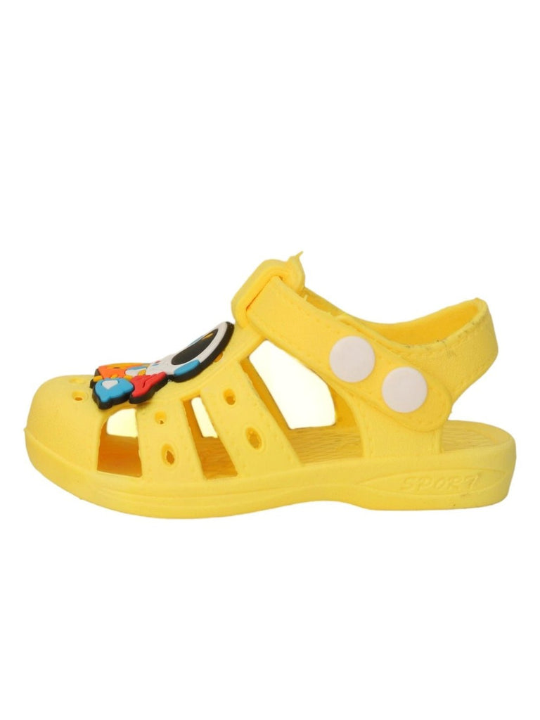 Side view of Yellow Astronaut Rocket Sandals for Boys, displaying the sling back style and vibrant detailing.