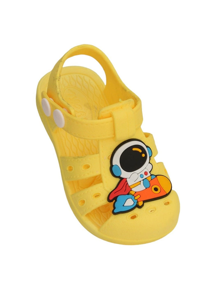 Angle view view of Yellow Astronaut Rocket Sandals for Boys, showcasing the bright yellow color and astronaut embellishments.