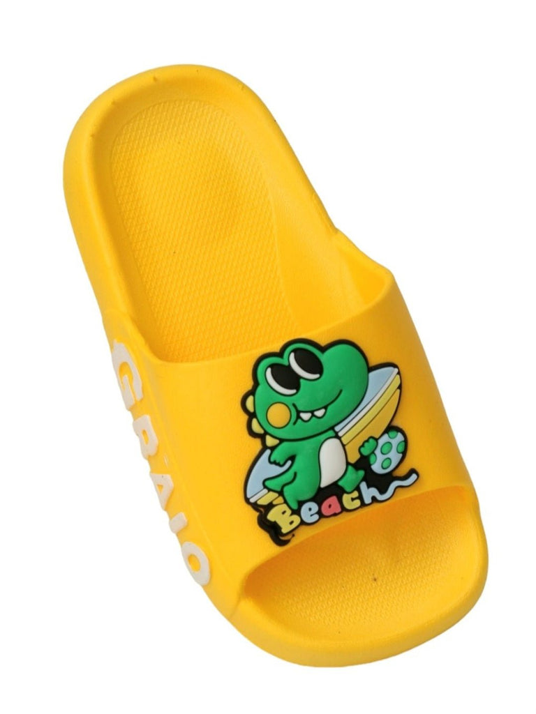 Angle view of Yellow Bee boys' sunny yellow beach sliders with a fun frog design.