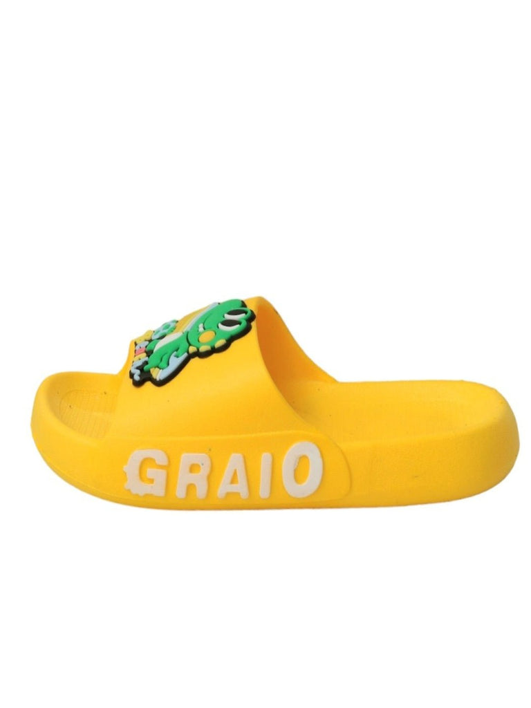 Side view of Yellow Bee boys' sunny yellow beach sliders showcasing the frog motif.