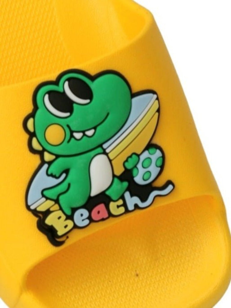 Close-up of the frog design on Yellow Bee boys' sunny yellow beach sliders.