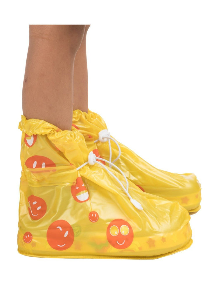 Full side view of Yellow Bee Sunny Yellow Smiley Waterproof Rain Shoe Covers for Boys, showcasing the overall design and fit.