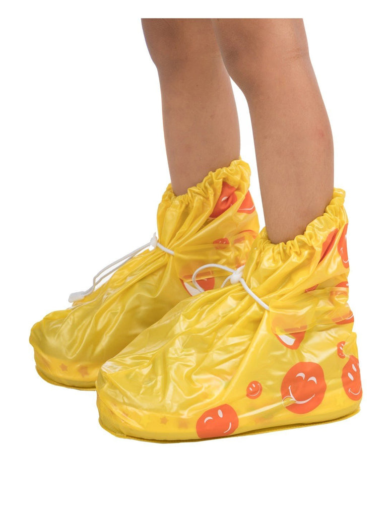 Side angle view of Yellow Bee Sunny Yellow Smiley Waterproof Rain Shoe Covers for Boys.