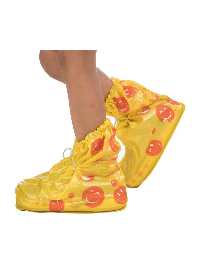 Front and back views of Yellow Bee Sunny Yellow Smiley Waterproof Rain Shoe Covers for Boys, highlighting the smiley face design.