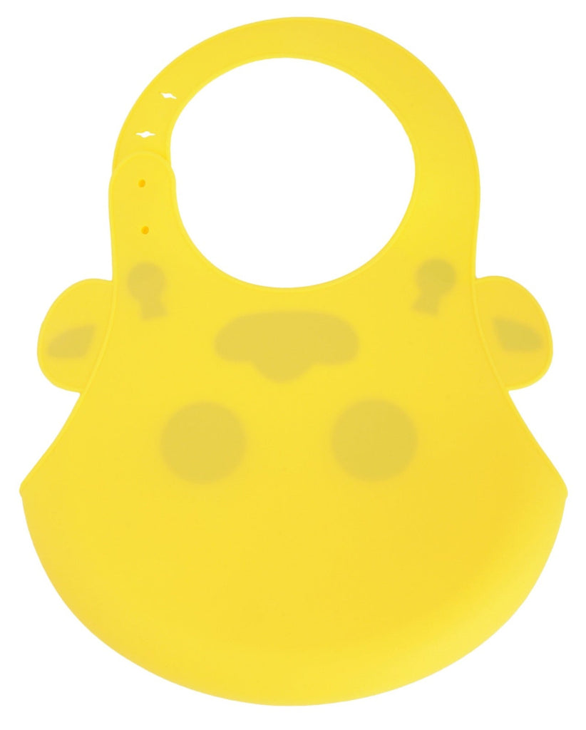 Back view of Yellow Bee Easy Clean Silicone Bib with Crumb Collector in yellow showing the adjustable button closure.