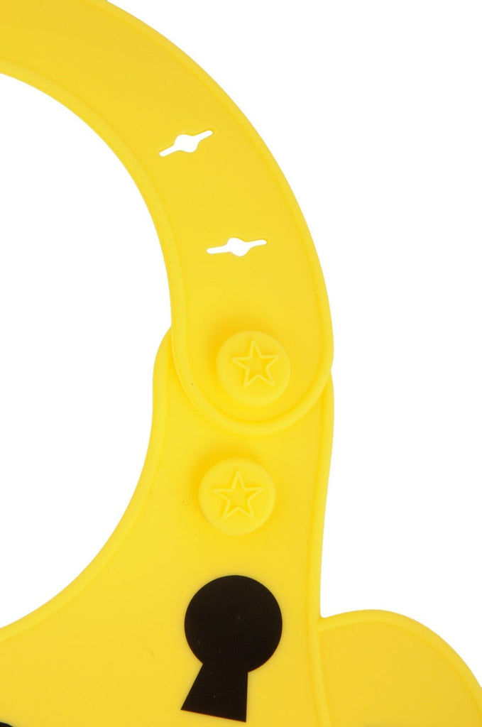 Detailed view of Yellow Bee Easy Clean Silicone Bib with Crumb Collector in yellow highlighting the secure button design.