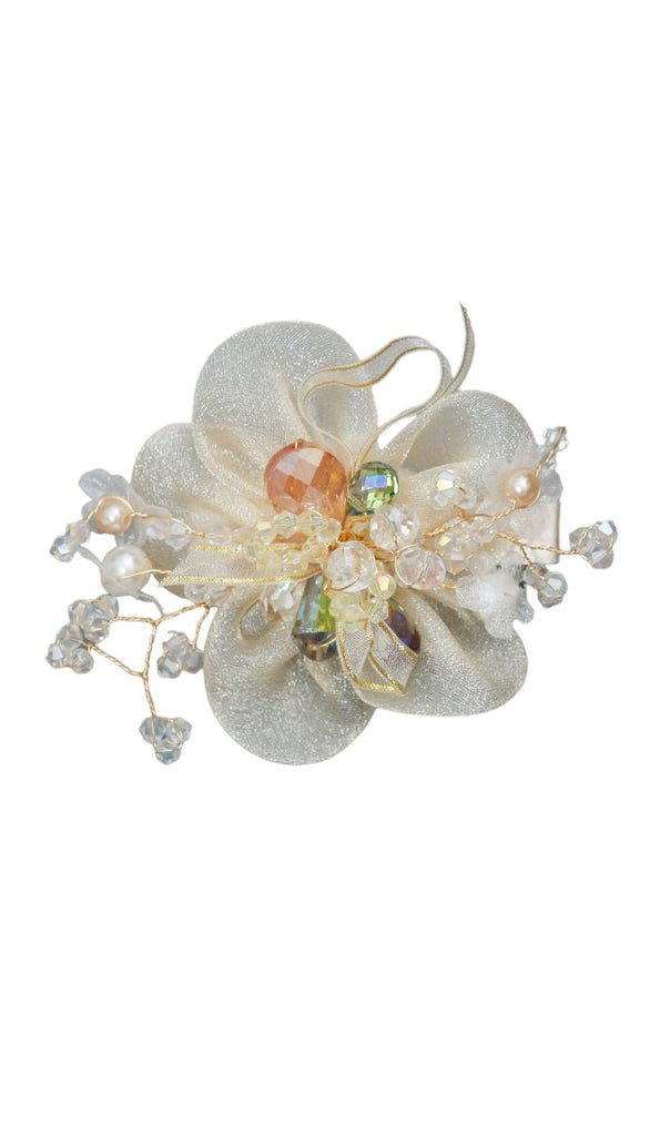 Yellow Bee's off white daisy hair clip with pearl and rhinestone details for a sophisticated bridal look