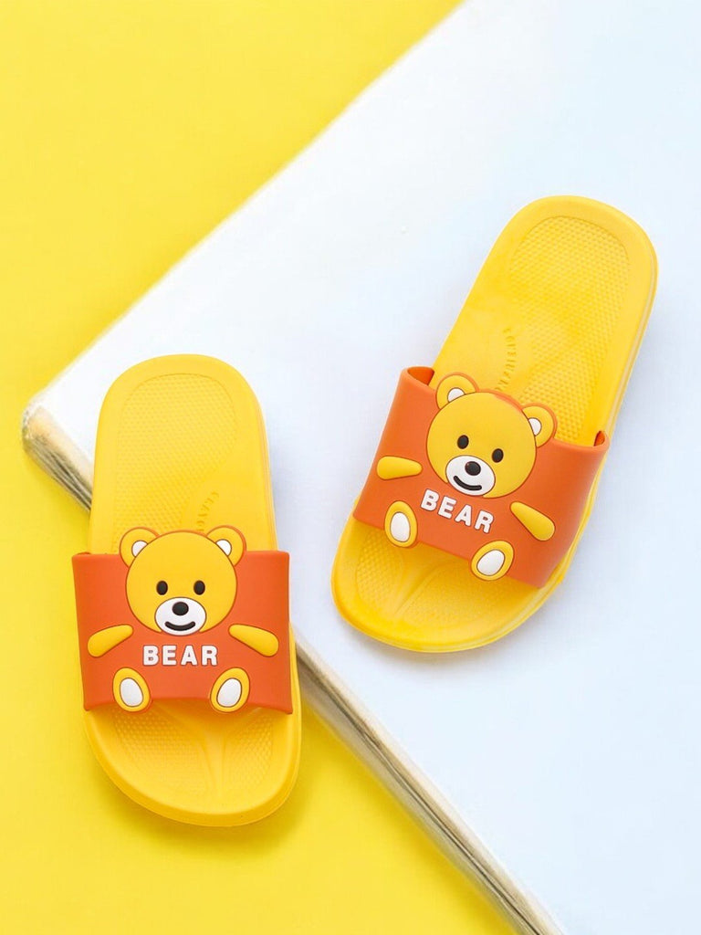 Top and Bottom View of Cheerful Yellow Teddy Applique Slides