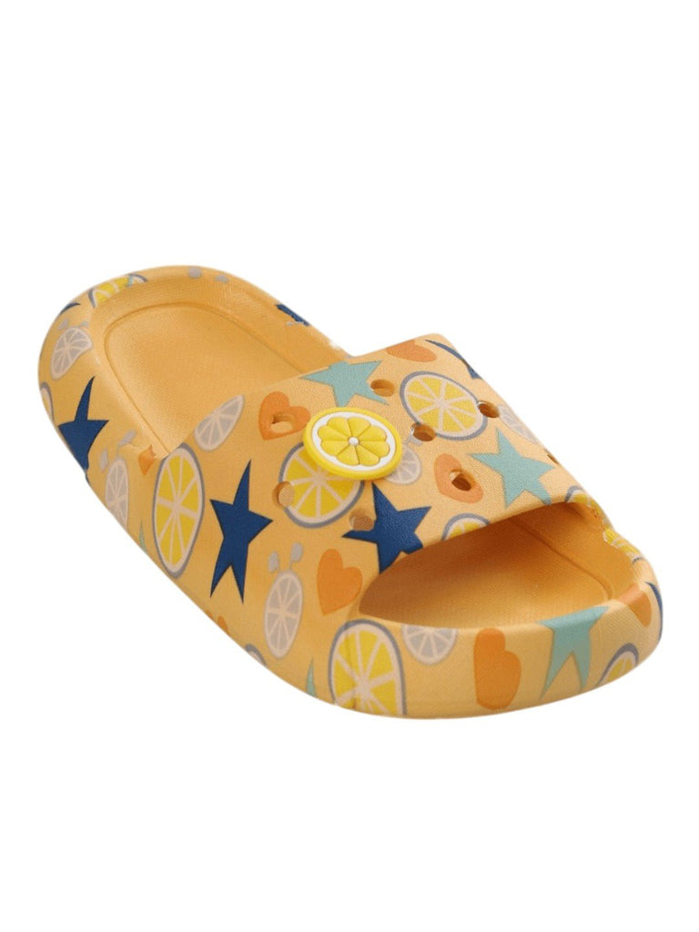 Sunshine Citric Fruit and Star Print Slides - Yellow-Side View