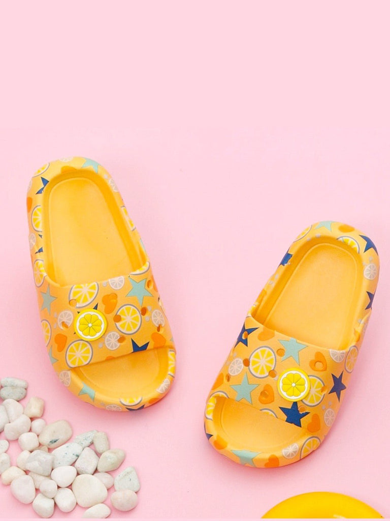 Sunshine Citric Fruit and Star Print Slides - Yellow