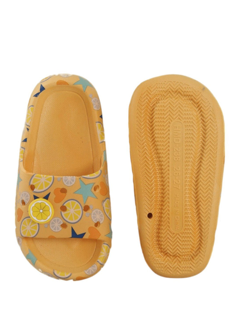 Sunshine Citric Fruit and Star Print Slides - Yellow-Front & Back View