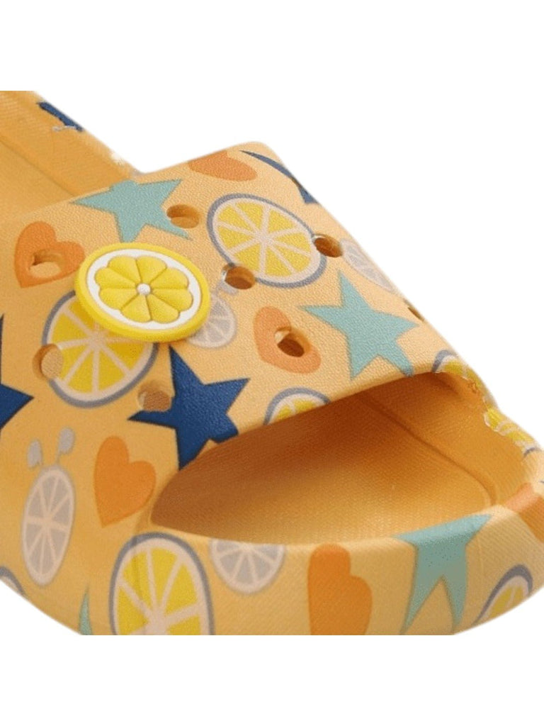 Sunshine Citric Fruit and Star Print Slides - Yellow-Close up view