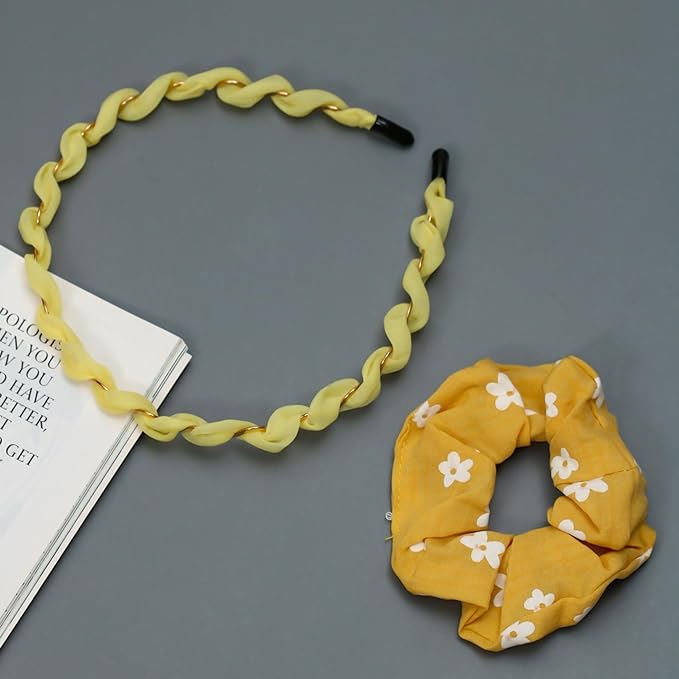 Yellow twisted headband and scrunchie for girls by Yellow Bee.