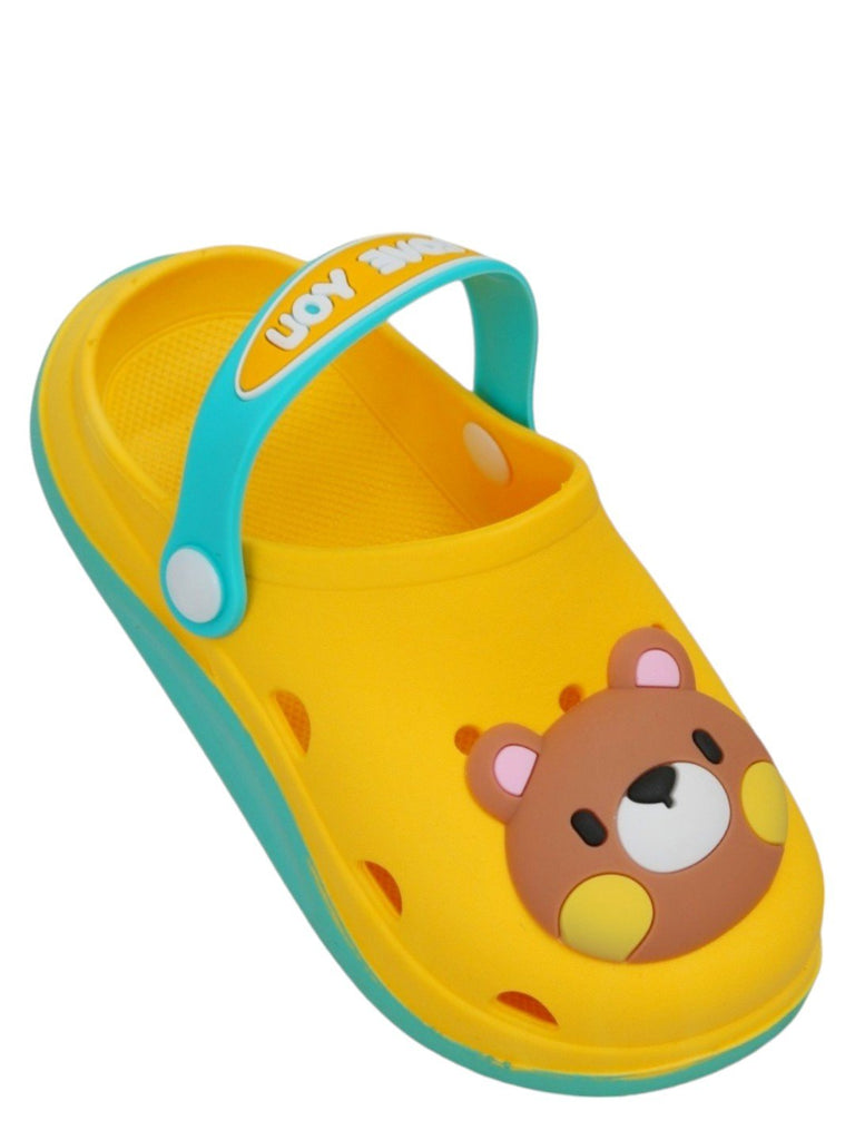 Top angle of kids' yellow bear motif clog with turquoise accents