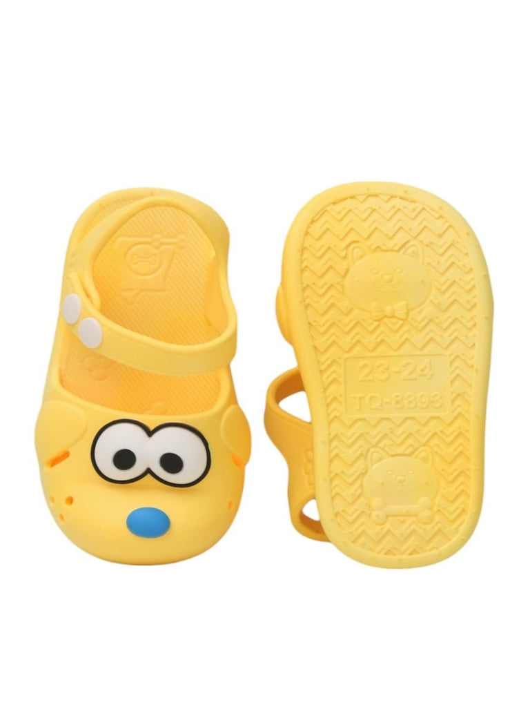 Top and bottom view of Yellow Bee's non-slip summer sandals for kids in sunshine yellow.