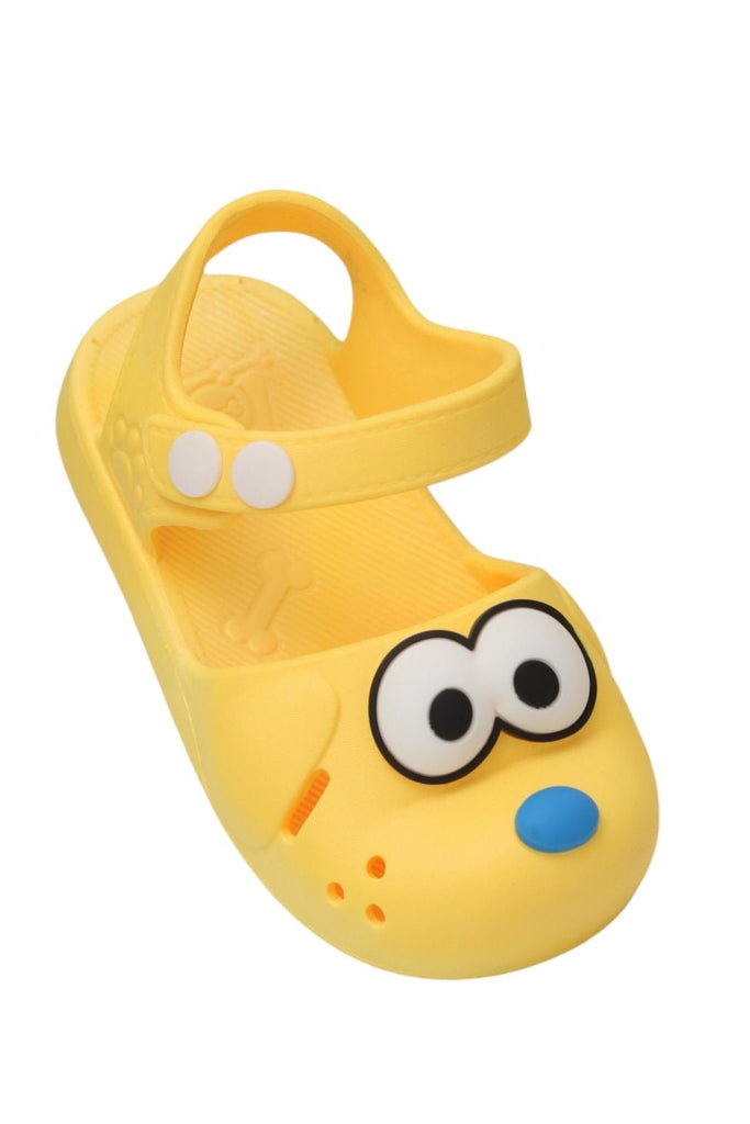 Angle view of sunshine yellow kids' sandals with cartoon character design.