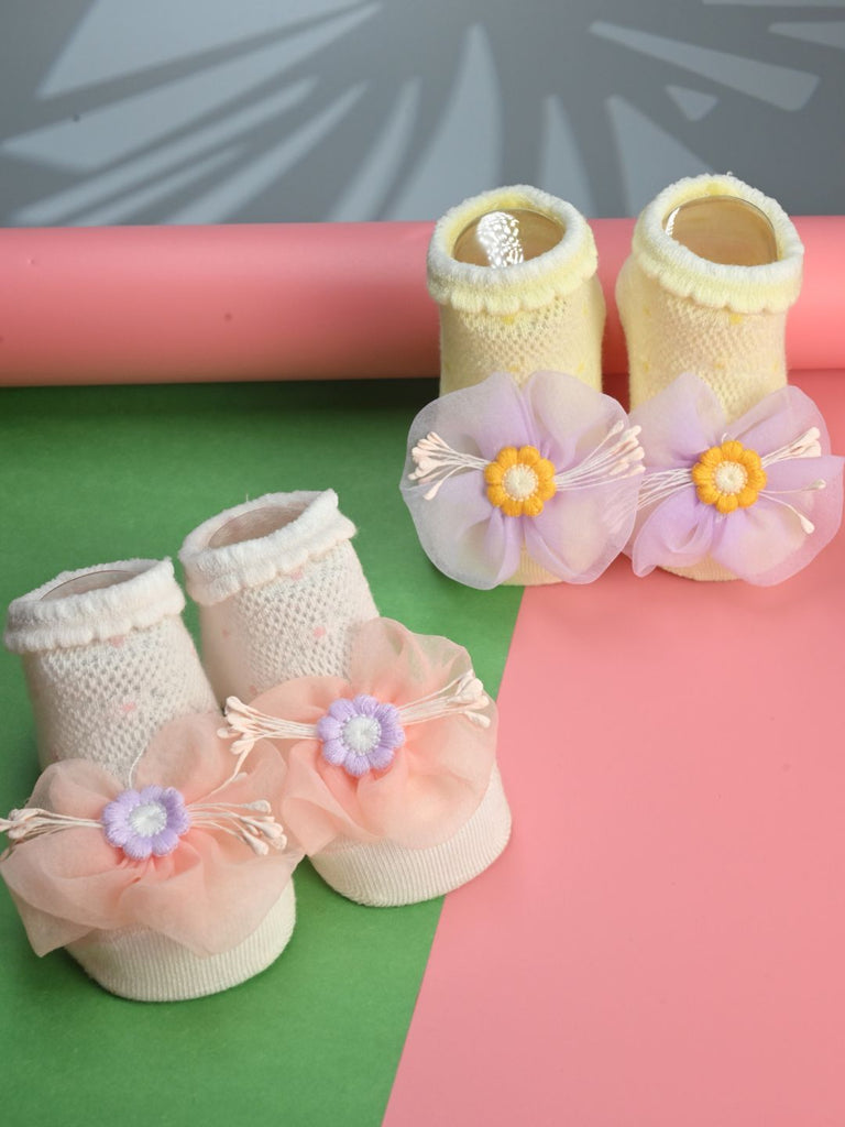 Sweet Party Socks Duo for Girls with 3D Mesh Floral Charm – Pink & Yellow - Creative View