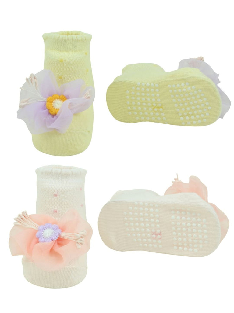 Sweet Party Socks Duo for Girls with 3D Mesh Floral Charm – Pink & Yellow - Front & Back View
