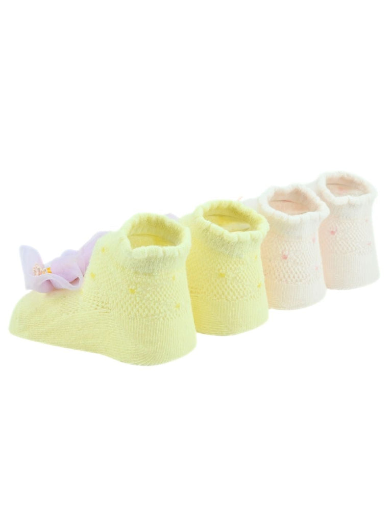 Sweet Party Socks Duo for Girls with 3D Mesh Floral Charm – Pink & Yellow -  Back View