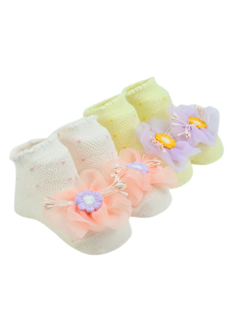 Sweet Party Socks Duo for Girls with 3D Mesh Floral Charm – Pink & Yellow -  Angle View