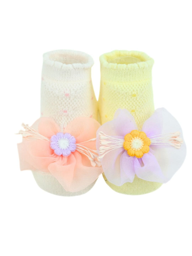 Sweet Party Socks Duo for Girls with 3D Mesh Floral Charm – Pink & Yellow - Single View