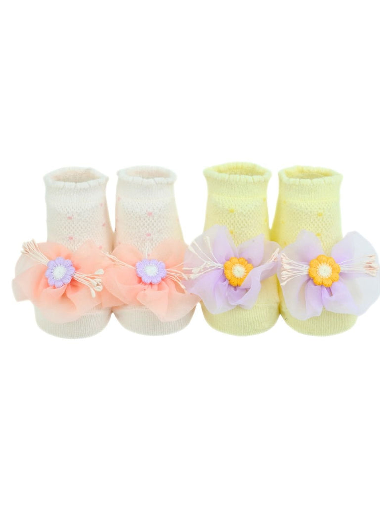 Sweet Party Socks Duo for Girls with 3D Mesh Floral Charm – Pink & Yellow - Front View