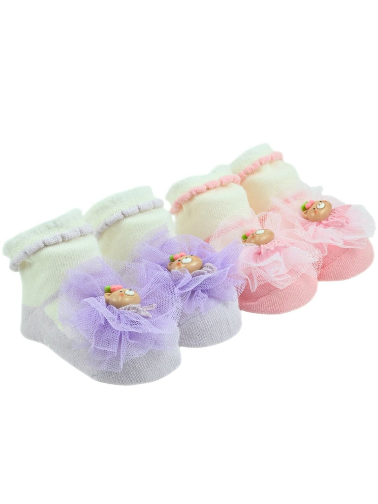 Sweet Baby Cotton Socks with Bear Applique & Tulle Design for Girls – Pink & Purple - Angle View