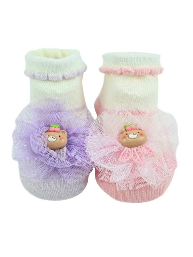 Sweet Baby Cotton Socks with Bear Applique & Tulle Design for Girls – Pink & Purple - Full View