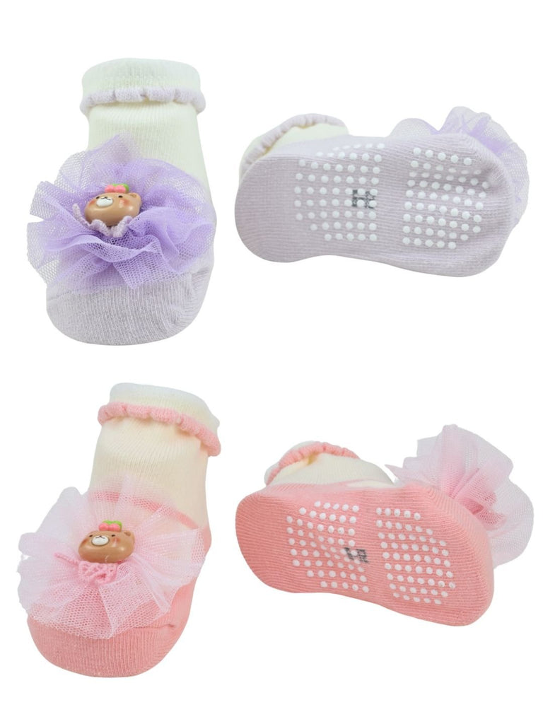Sweet Baby Cotton Socks with Bear Applique & Tulle Design for Girls – Pink & Purple - Front & Back View