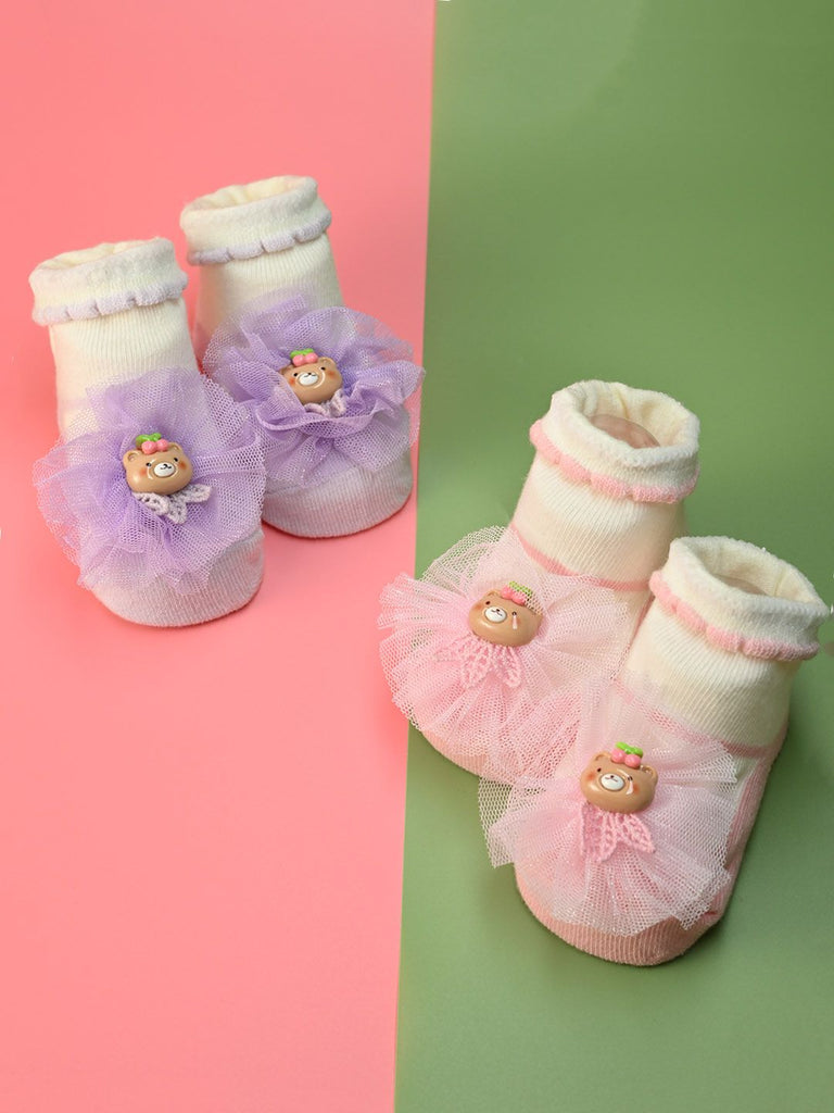 Sweet Baby Cotton Socks with Bear Applique & Tulle Design for Girls – Pink & Purple - Creative View