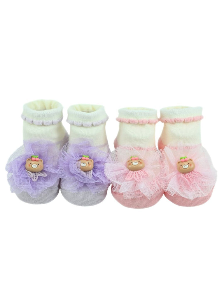 2Sweet Baby Cotton Socks with Bear Applique & Tulle Design for Girls – Pink & Purple - Front View