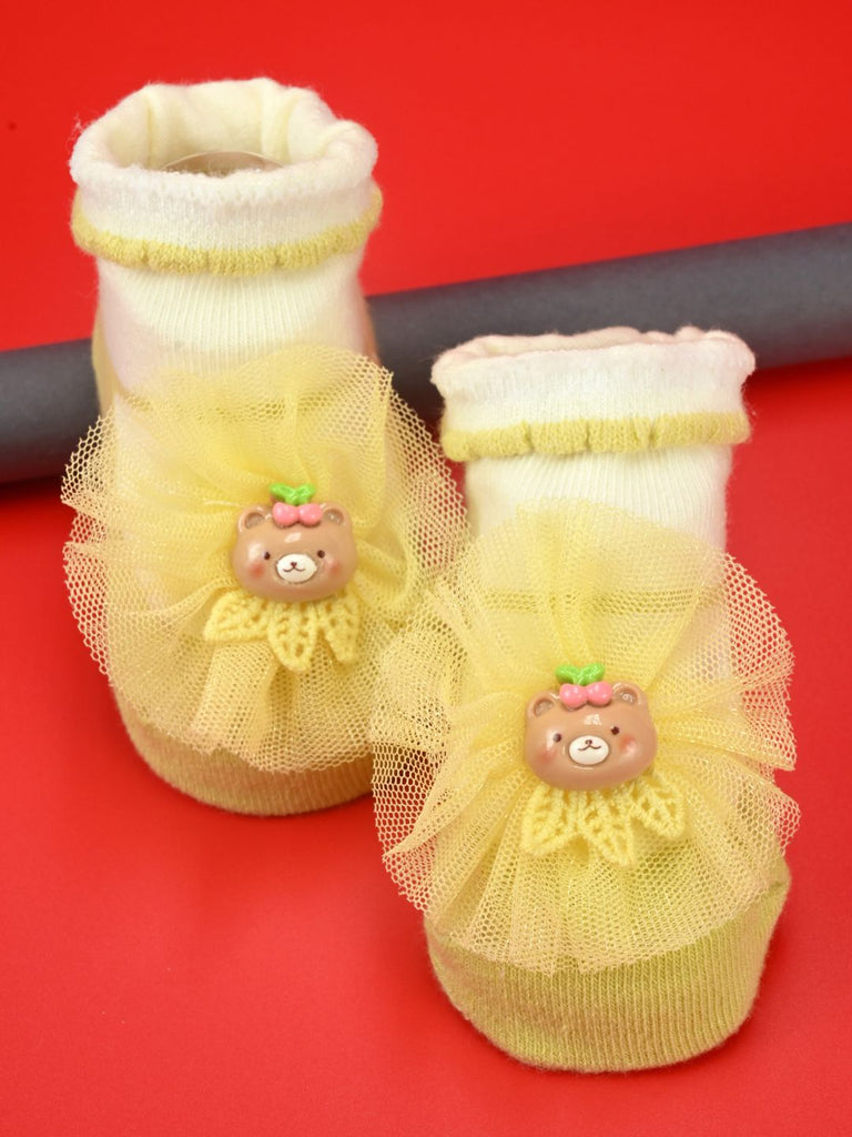 Sweet Baby Cotton Socks with Bear Design for Girls - Yellow - Creative View