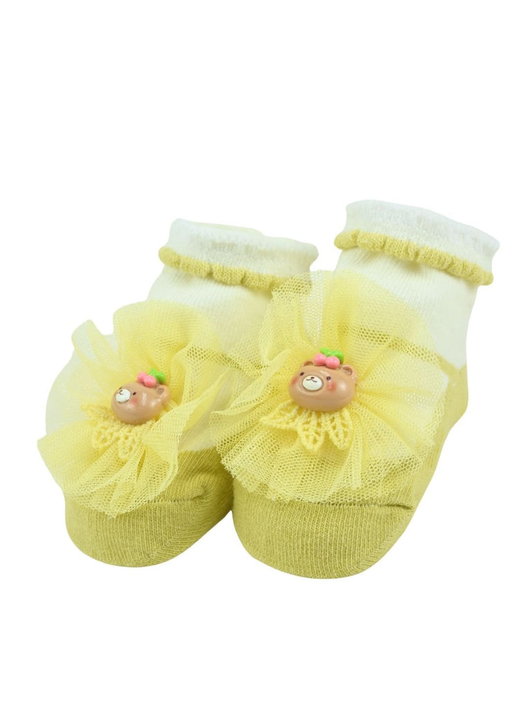 Sweet Baby Cotton Socks with Bear Design for Girls - Yellow - Angle View