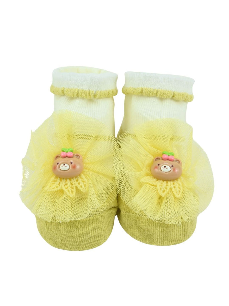 Sweet Baby Cotton Socks with Bear Design for Girls - Yellow - Front View