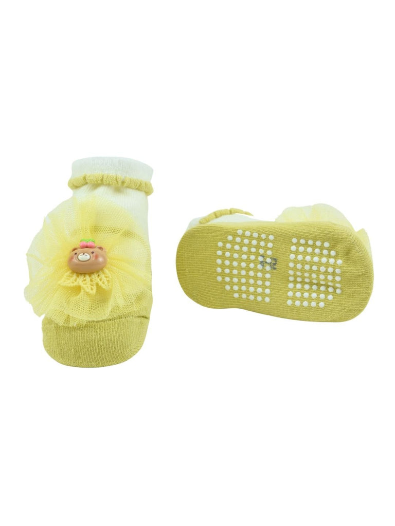Sweet Baby Cotton Socks with Bear Design for Girls - Yellow - Front & Back View