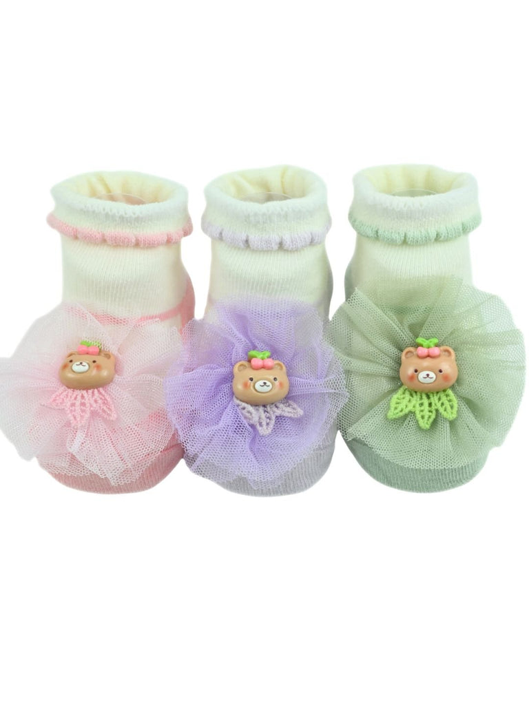 Sweet Baby Cotton Socks with Bear & Floral Design for Girls- Pink, Purple & Green - Single View