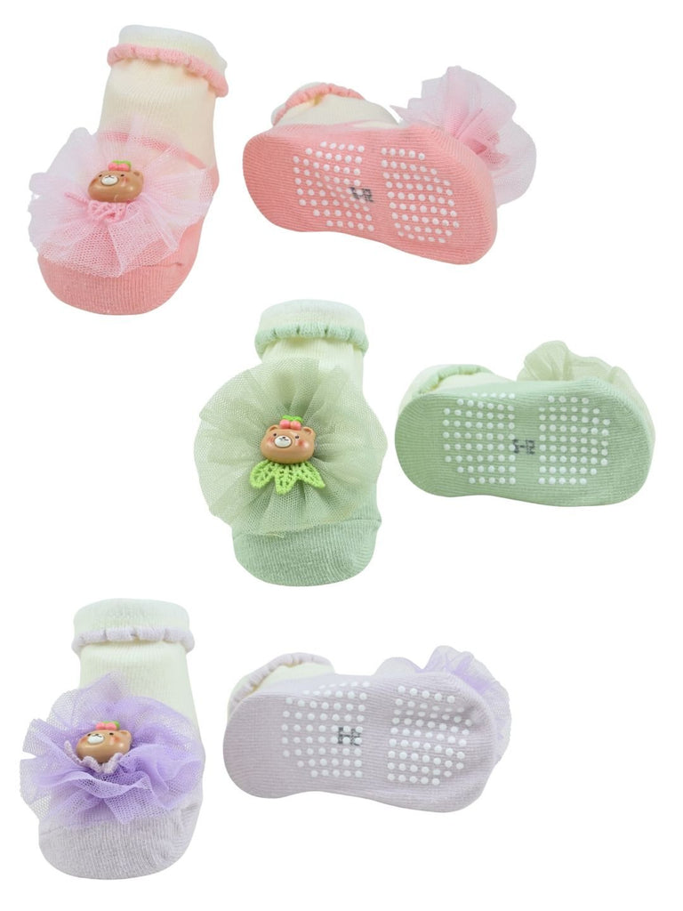 Sweet Baby Cotton Socks with Bear & Floral Design for Girls- Pink, Purple & Green - Front & Back View