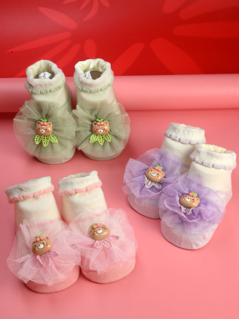Sweet Baby Cotton Socks with Bear & Floral Design for Girls- Pink, Purple & Green - Creative View