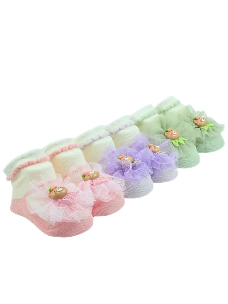 Sweet Baby Cotton Socks with Bear & Floral Design for Girls- Pink, Purple & Green - Angle View