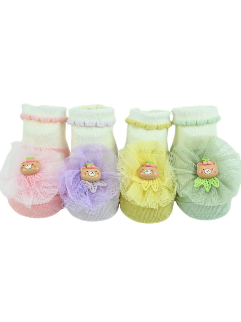 Sweet Baby Cotton Socks with Bear & Floral Design for Girls- Pink, Purple, Green & Yellow - Single View