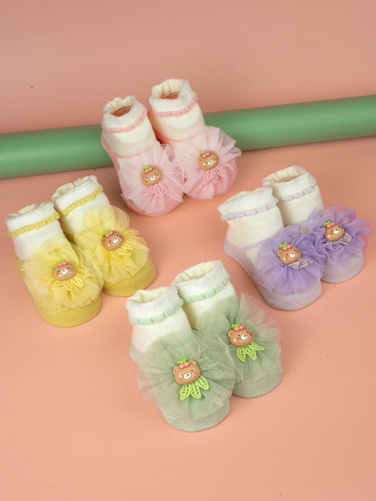 Sweet Baby Cotton Socks with Bear & Floral Design for Girls- Pink, Purple, Green & Yellow - Creative View